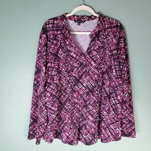 Zac & Rachel Womens Multicolor Print Pleated Long Sleeve Blouse Top Size 2X